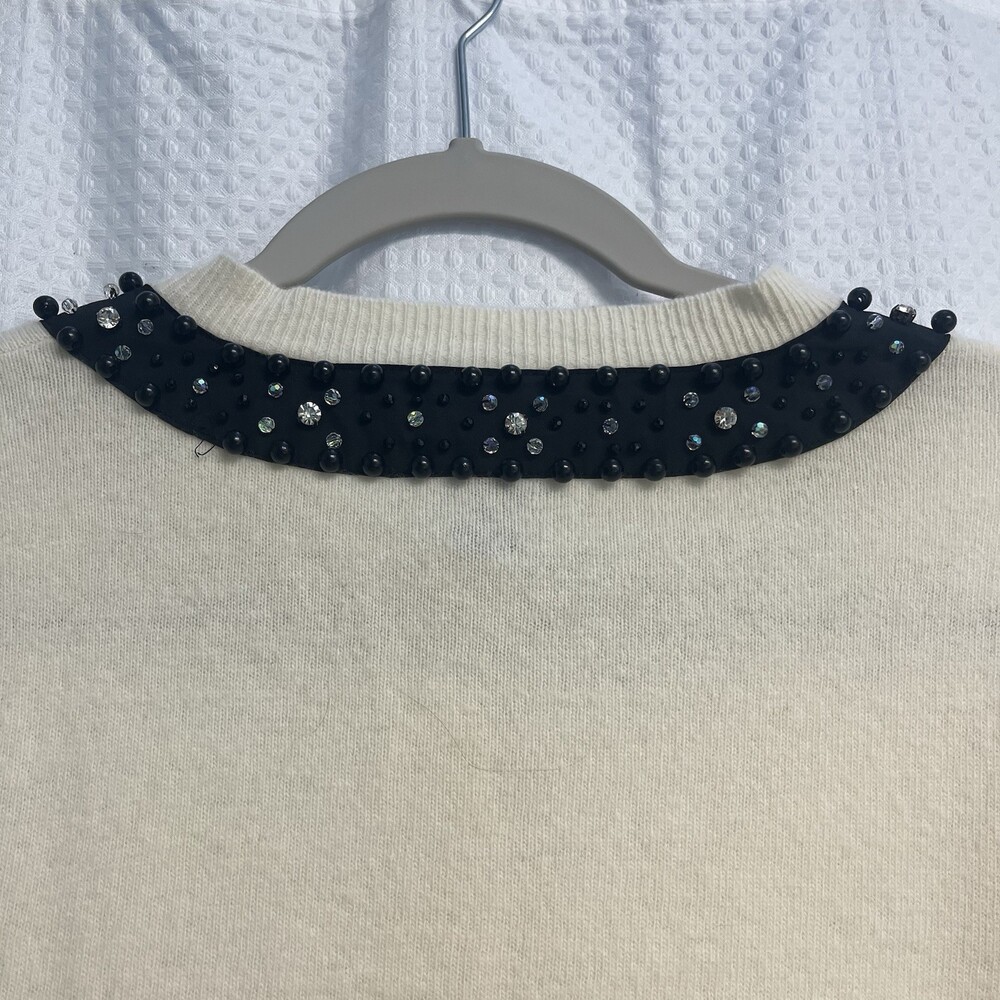 DKNY Wool Cashmere Blend Ivory Cardigan W/ Black Bead Rhinestone Collar Trim - Picture 9 of 9